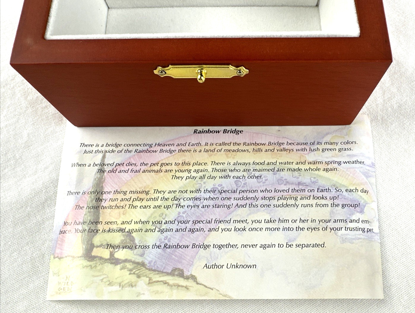 Rainbow Bridge Pet Loss Remembrance Urn Box w/Poem- Token Keepsake, Free Ship
