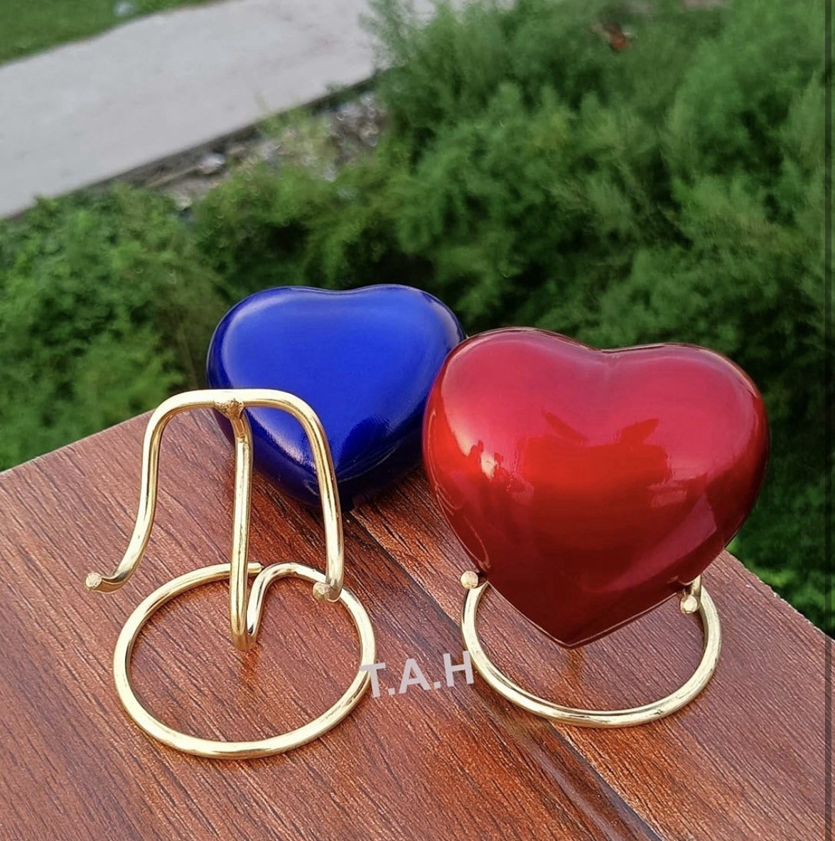 Set of 2 Red and Blue Heart Keepsake Mini Heart Cremation Urn with Brass Stand