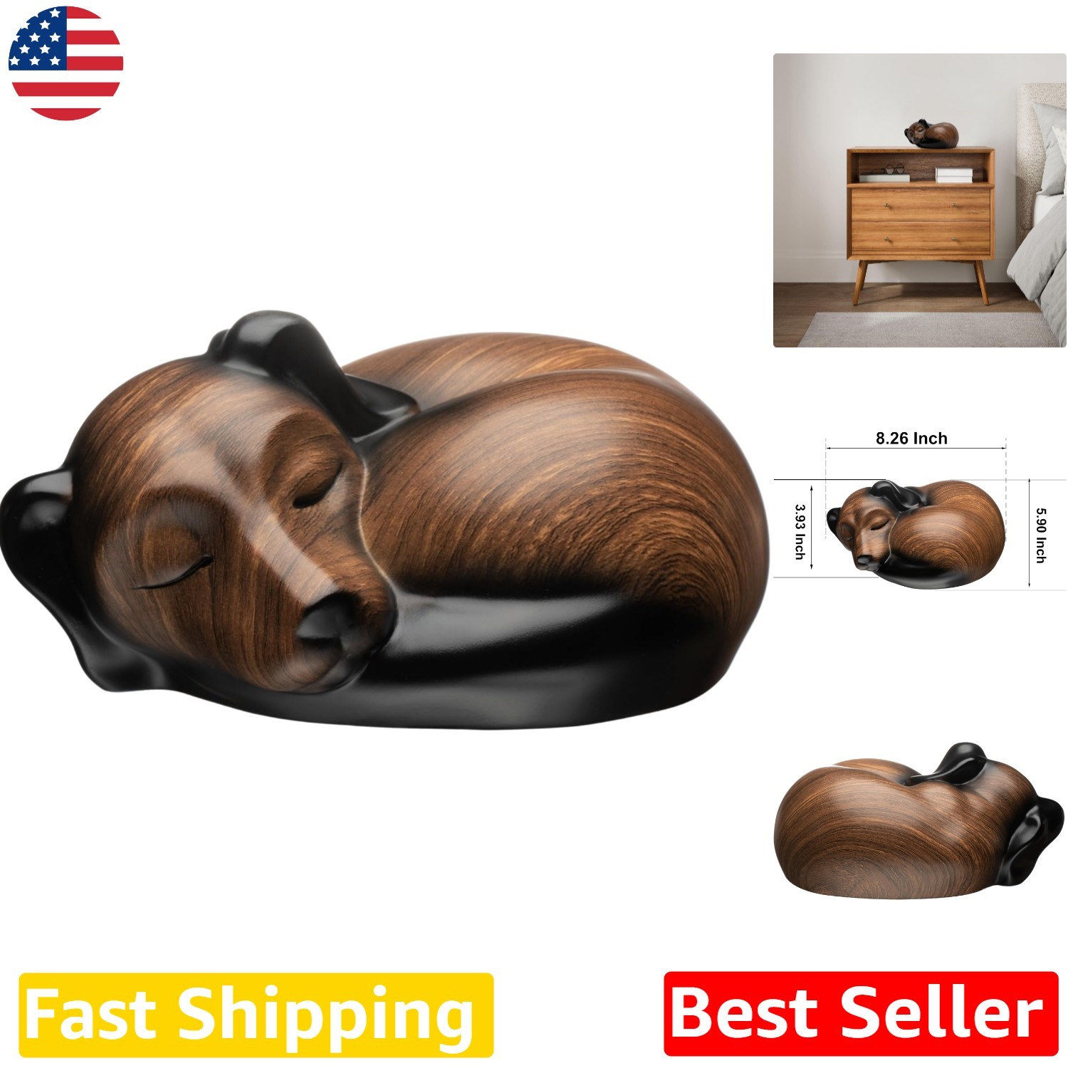Elegant Dog Urn Sleeping Resin Black Walnut Lacquered Secure Bottom Opening