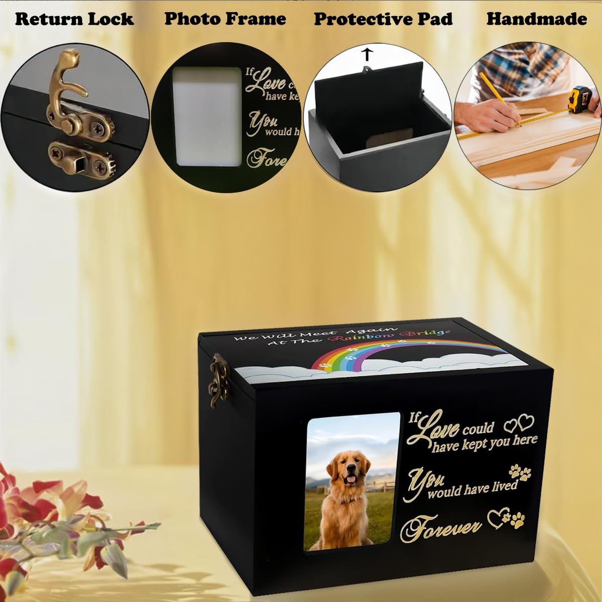 Solid Wood Pet Urns for Dog or Cat Ashes,Rainbow Bridge Memorial | Small Dog Urn