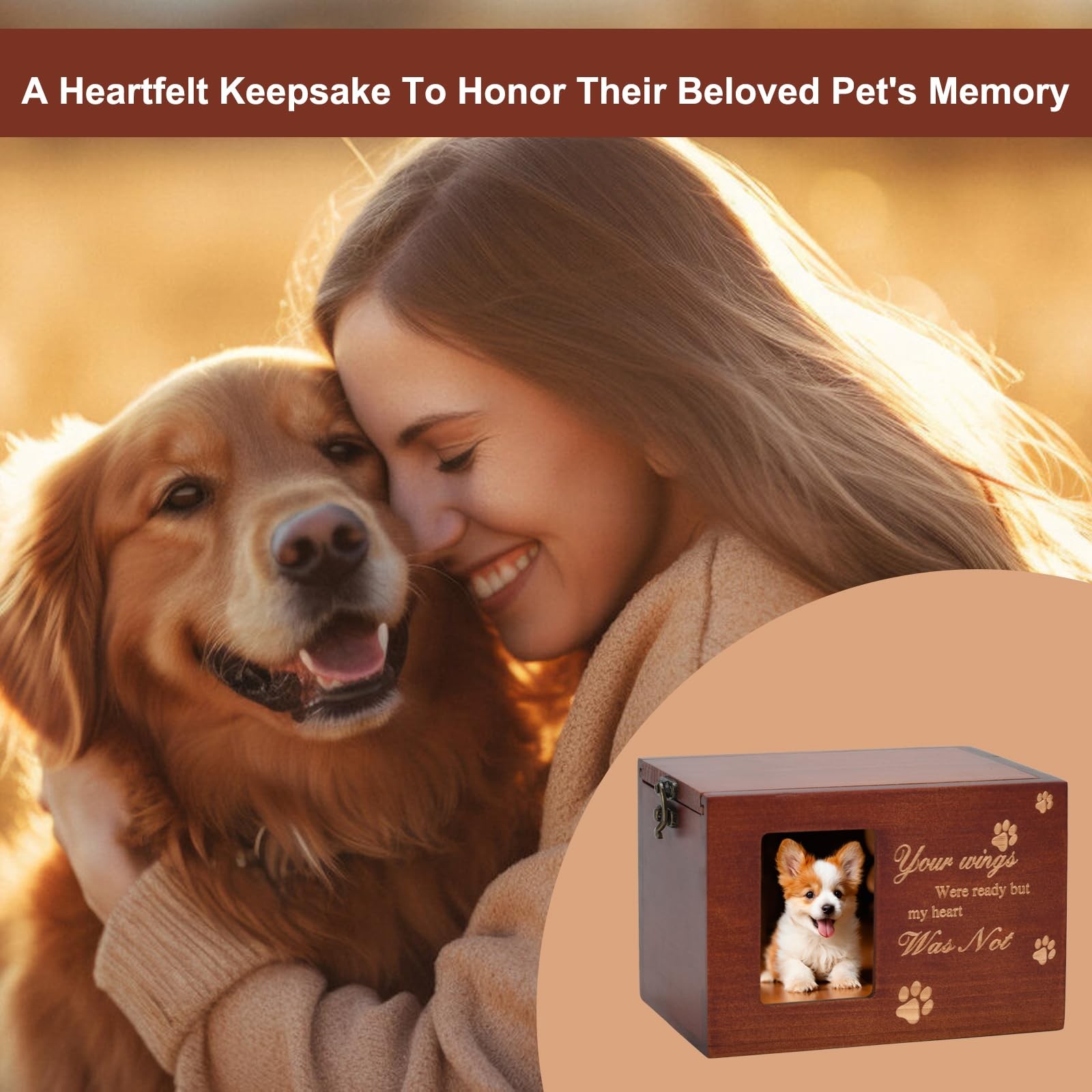 Pet Memorial Urns for Dog or Cat Ashes, Large Wooden Funeral Brown