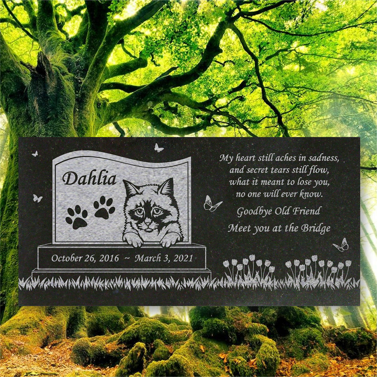 Personalized Cat Memorial – Granite Stone Pet Grave Marker – 6×12 – Dahlia