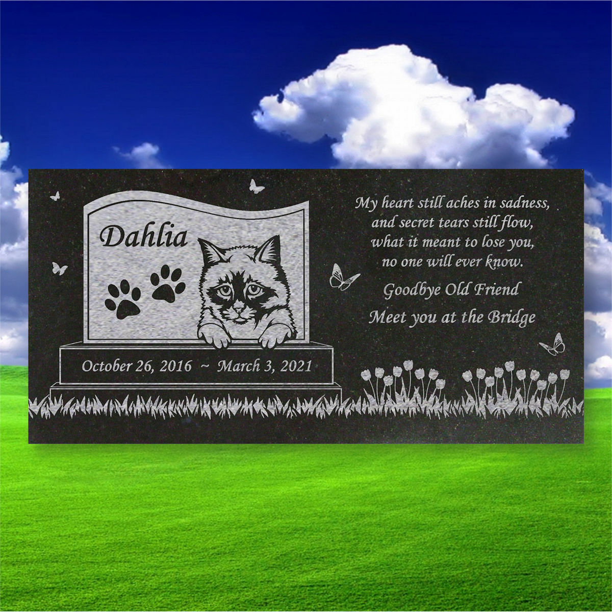 Personalized Cat Memorial – Granite Stone Pet Grave Marker – 6×12 – Dahlia