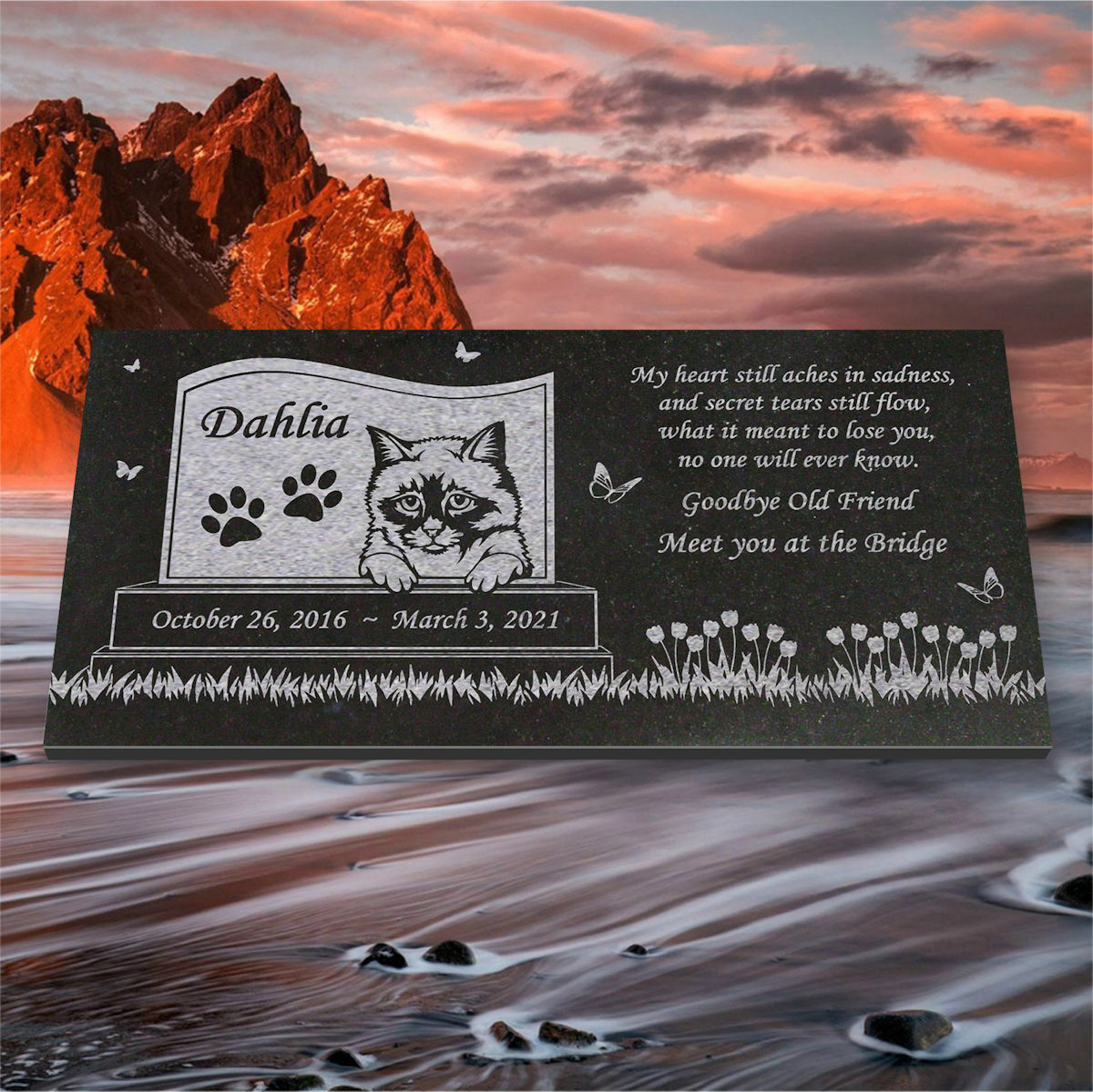Personalized Cat Memorial – Granite Stone Pet Grave Marker – 6×12 – Dahlia
