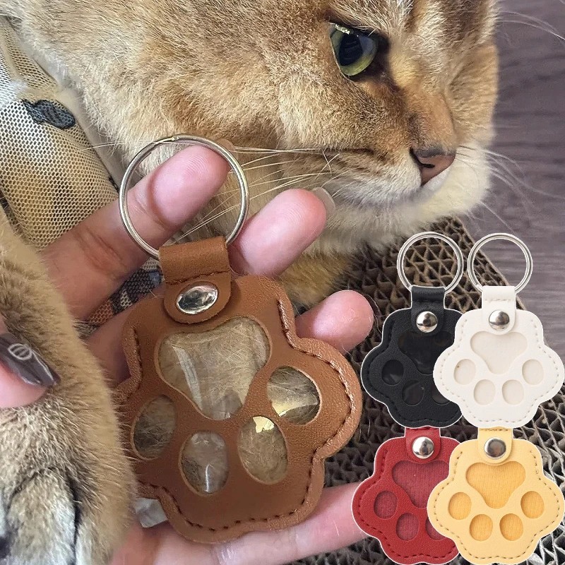 Pets Hair Memorial Keepsake Keychain PU Leather Dog Cat Storage Pouch Bag Charm