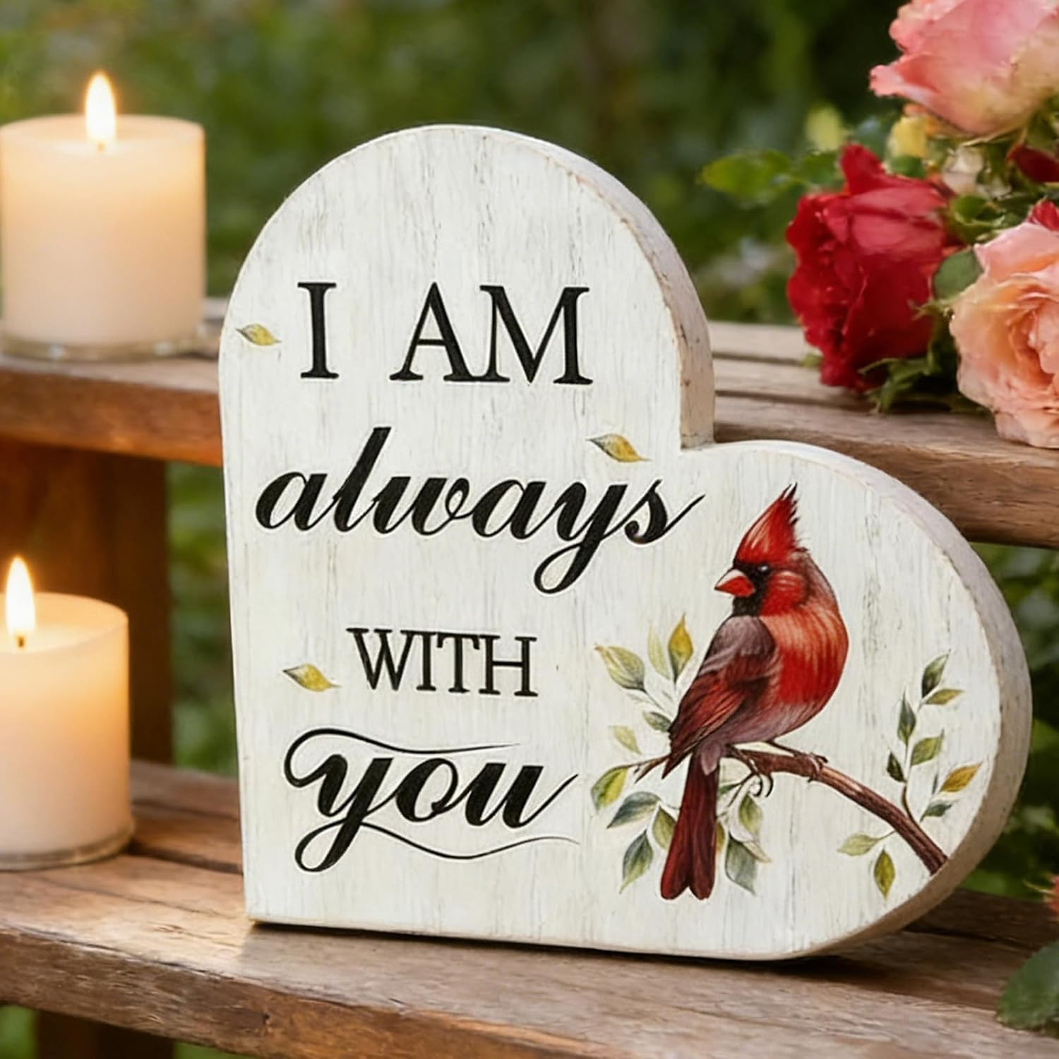 Wooden Heart Memorial Plaque Cardinal Sympathy Table Decor Bereavement Gift Sign