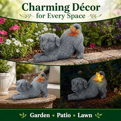 Solar Dog Statue with Butterfly Light, Outdoor Puppy Resin Garden Figurine for