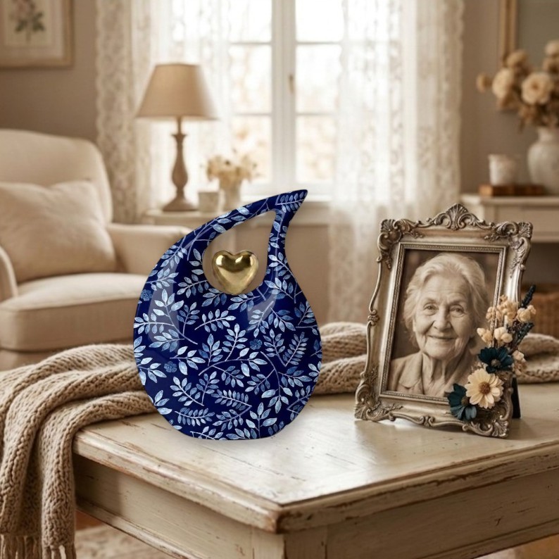 Blue Floral Aluminum Cremation Urns with Gold Heart 200 Cubic Inches Adult Ashes