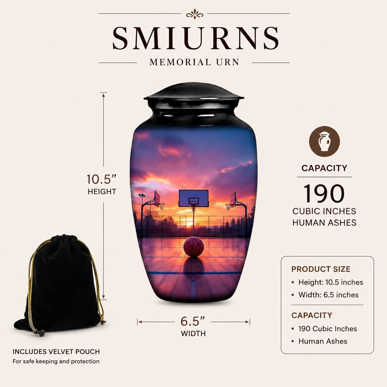 Large Black Basketball Cremation Urn Human Ashes for Your Love Ones Earns w/Bag