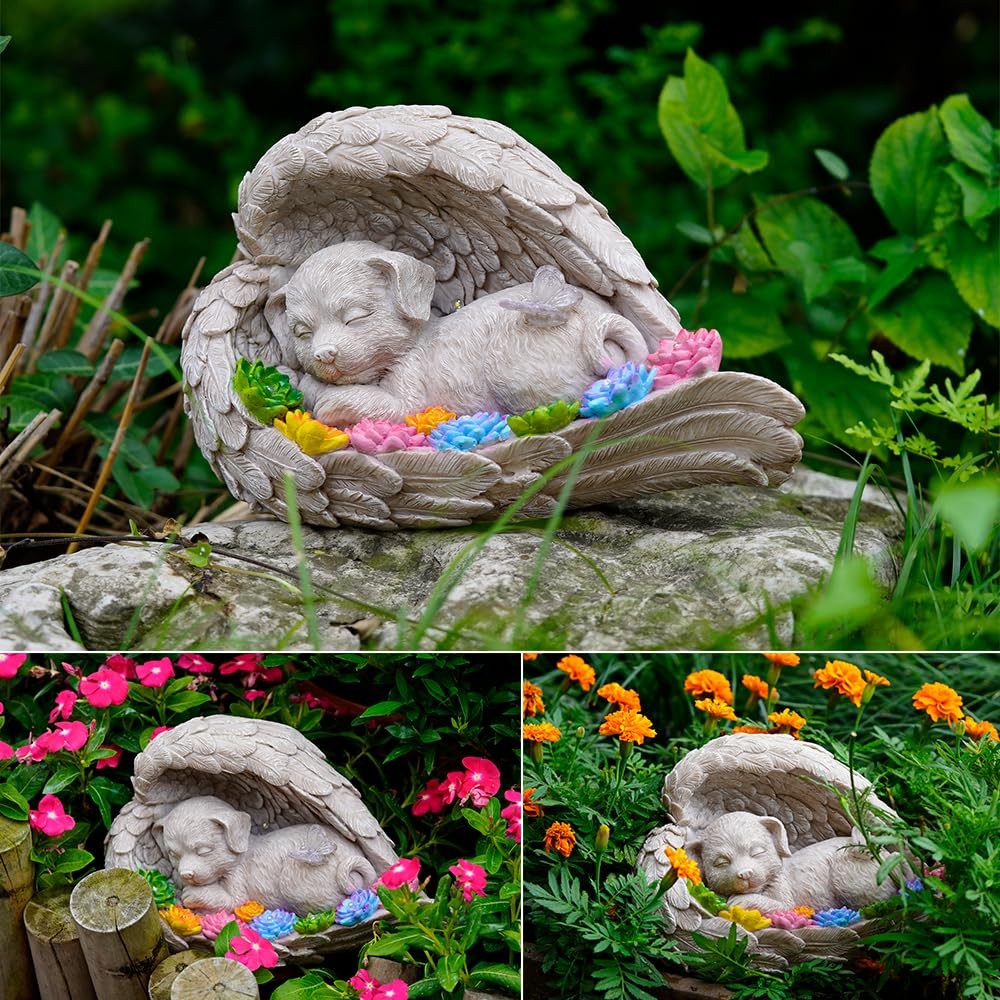 VKEVOC Dog Memorial Stone Pet Grave Marker Solar Angel Statue Garden Decor