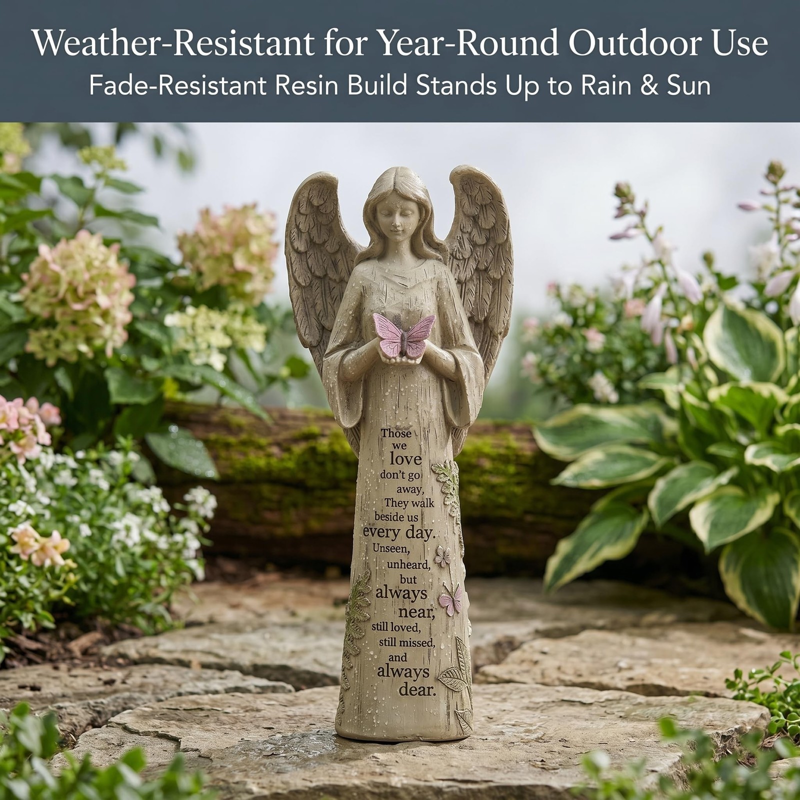 Topadorn 13″ Memorial Angel Statue with Butterfly, Resin Remembrance Angel Fi…