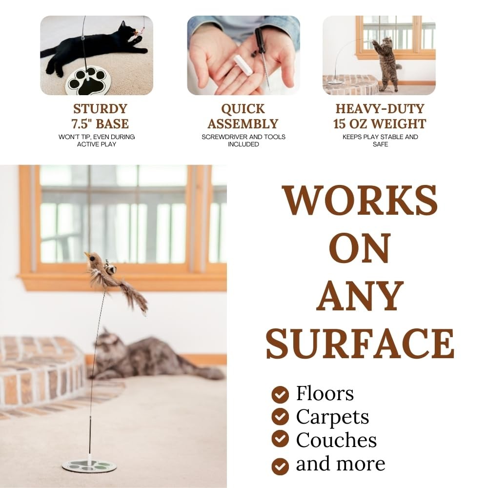 GADGETSOLOGY Wand Cat Toy for Indoor Adult Cats – Any Surface Base, Stimulating