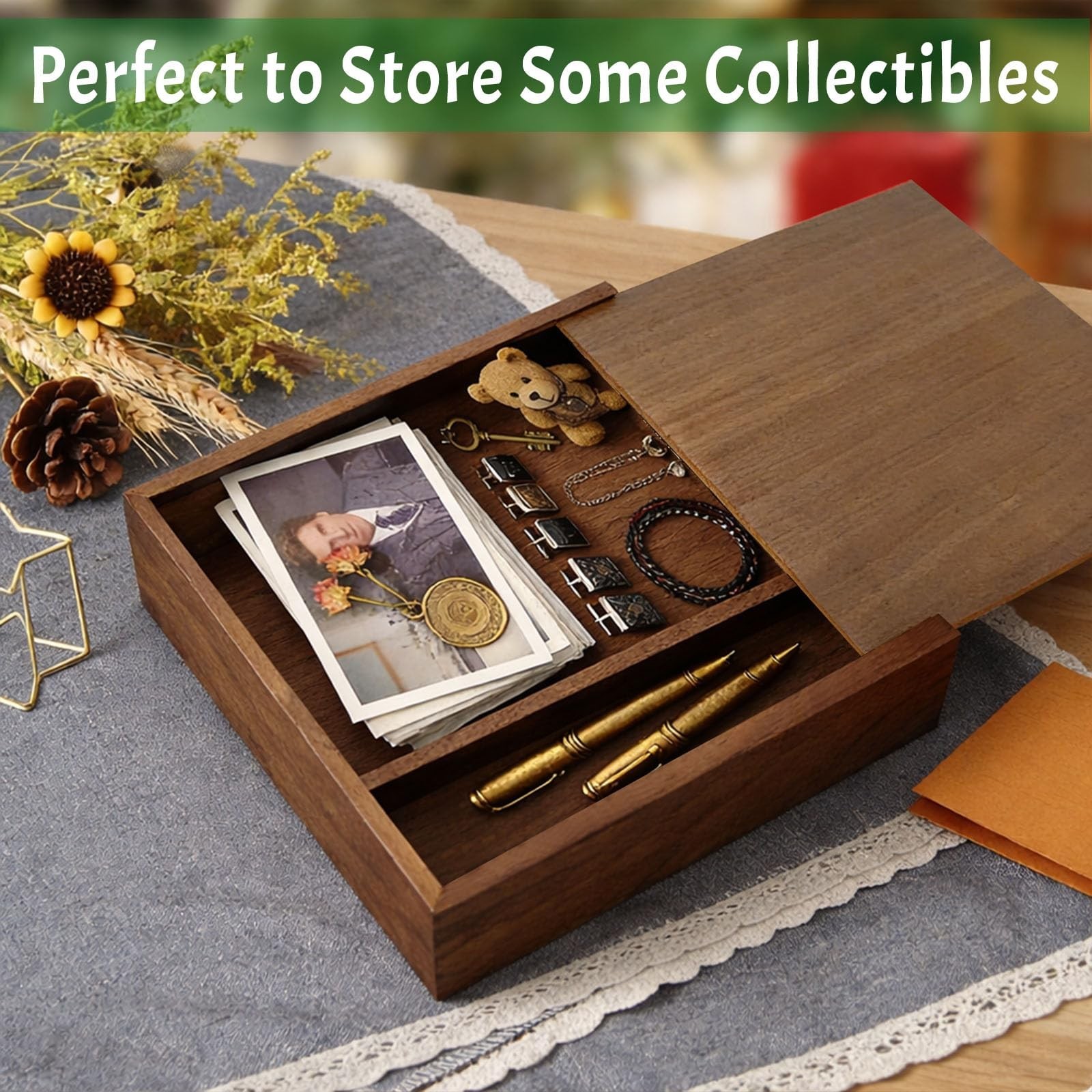 Walnut Wooden 4×6 Photo Box with USB Compartment, Photography Keepsake Storag…