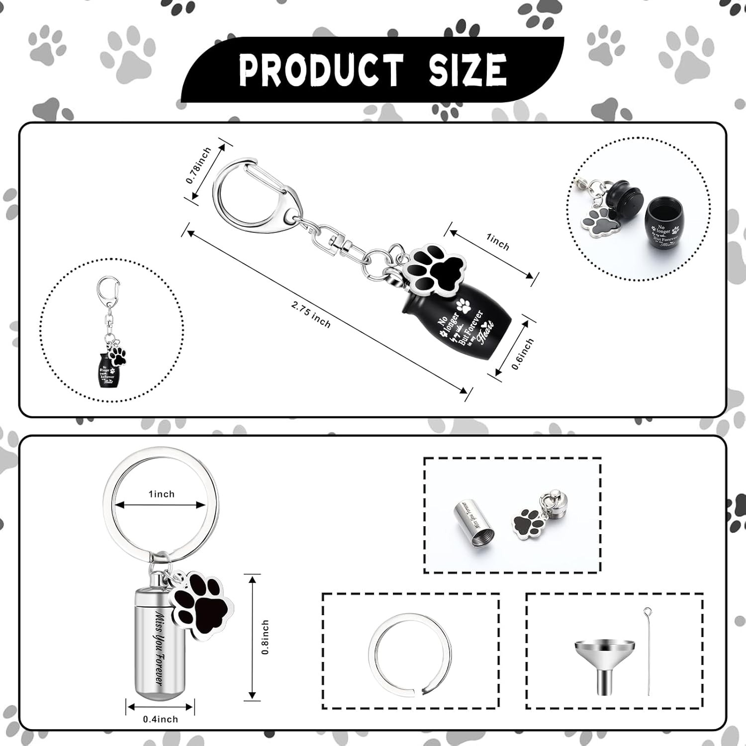 Pet Ashes Keepsake Keychain Set Stainless Steel Paw Print Memorial Jewelry 4 Pcs