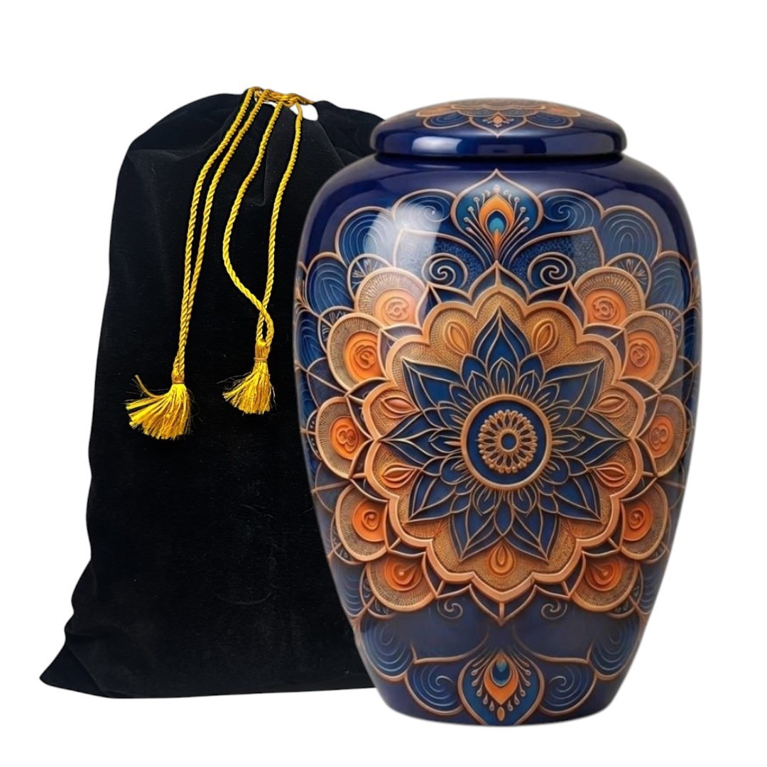 Blue & Gold Mandala Cremation Urn for Human Ashes – Adult Large 190 Cu/In + Bag