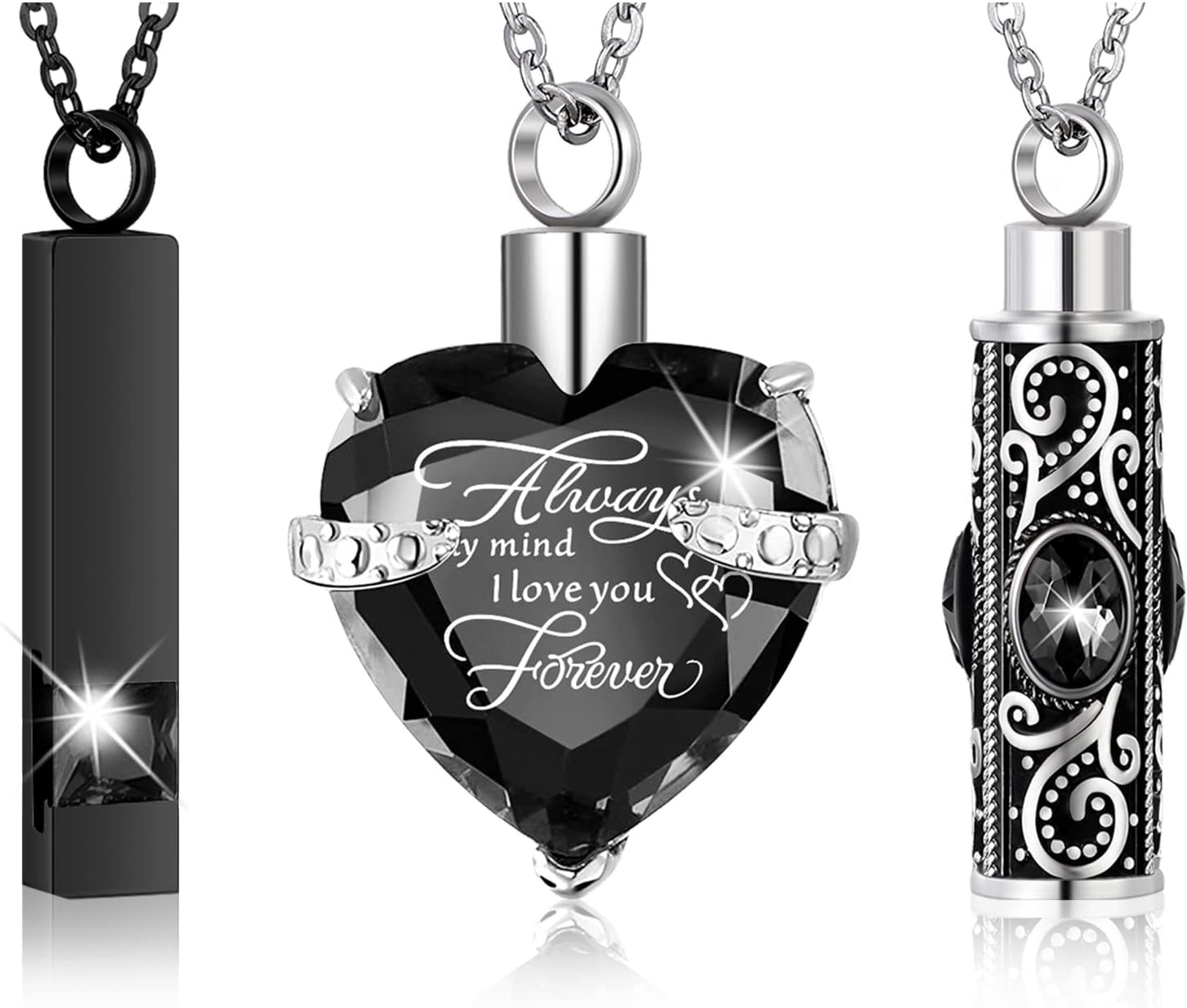 MTLEE 3 Pieces Cremation Urn Necklace for Ashes Vertical Bar Zircon, Heart