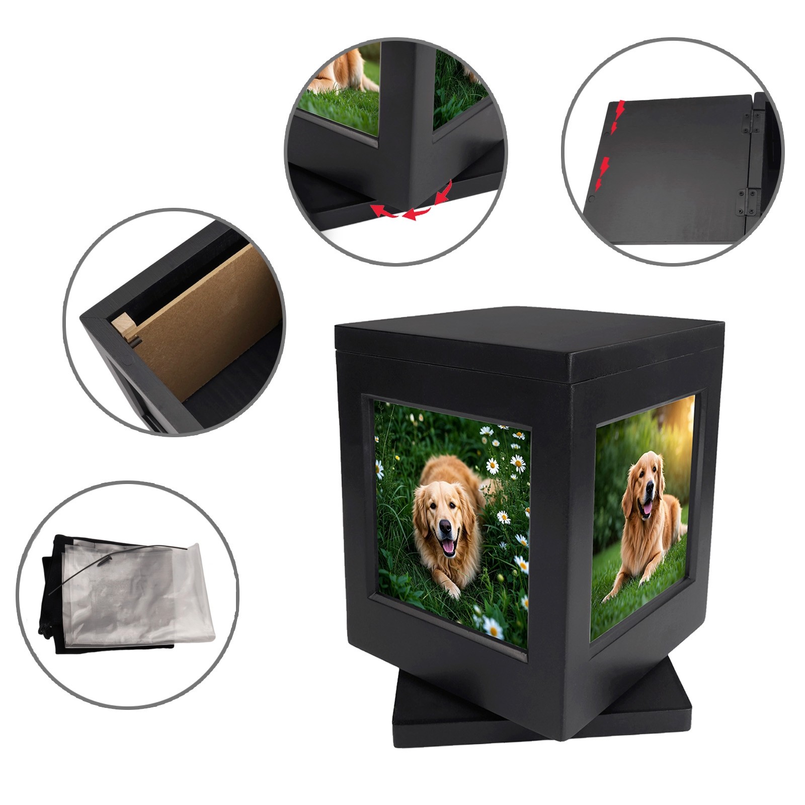 5.7*5.7in 360° Solid Wood Picture Frame Urn With Claw Print Kit For Dogs&Cats