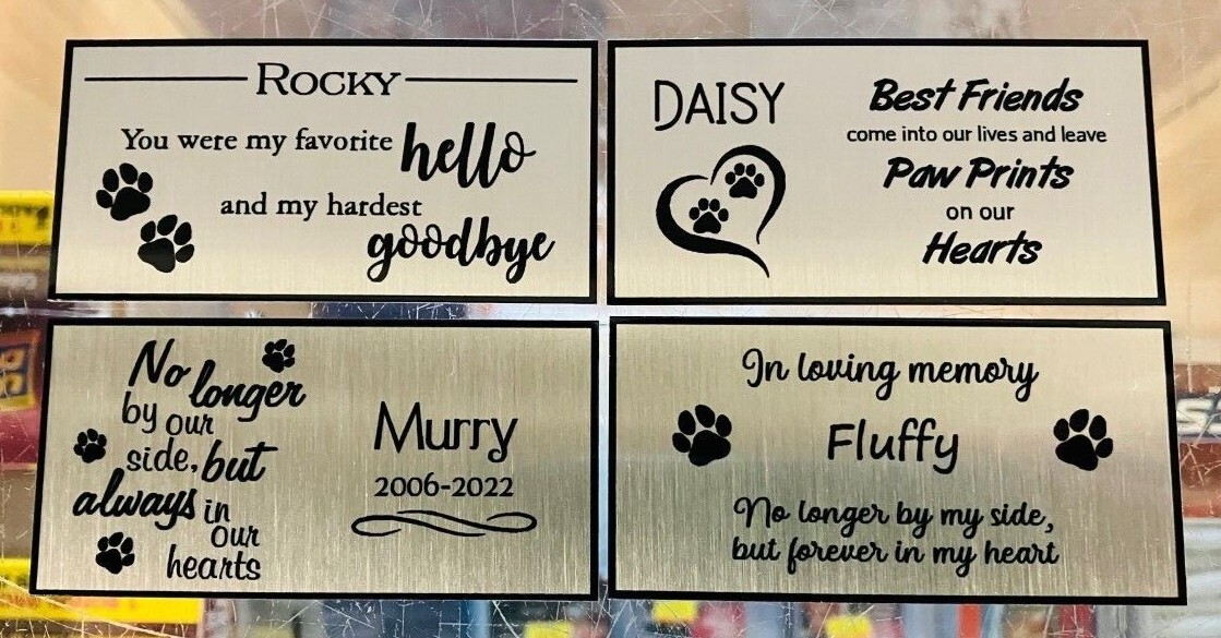 Custom Pet Dog or Cat Memorial Plate 3″x1.5″ Aluminum Gold/Silver 4 Styles SALE!