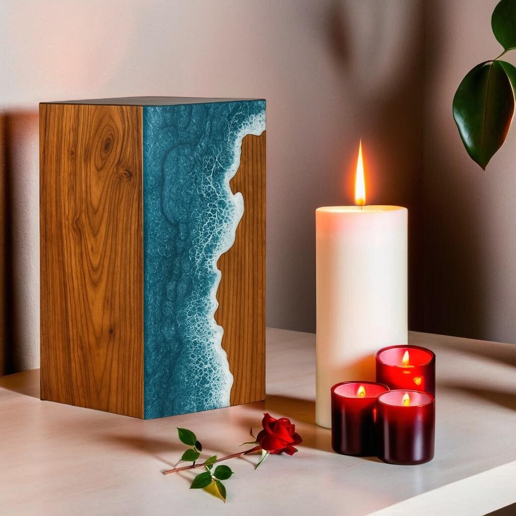 Handcrafted Wooden Ocean Wave Urn for Adult Human Ashes – Memorial Funeral Box