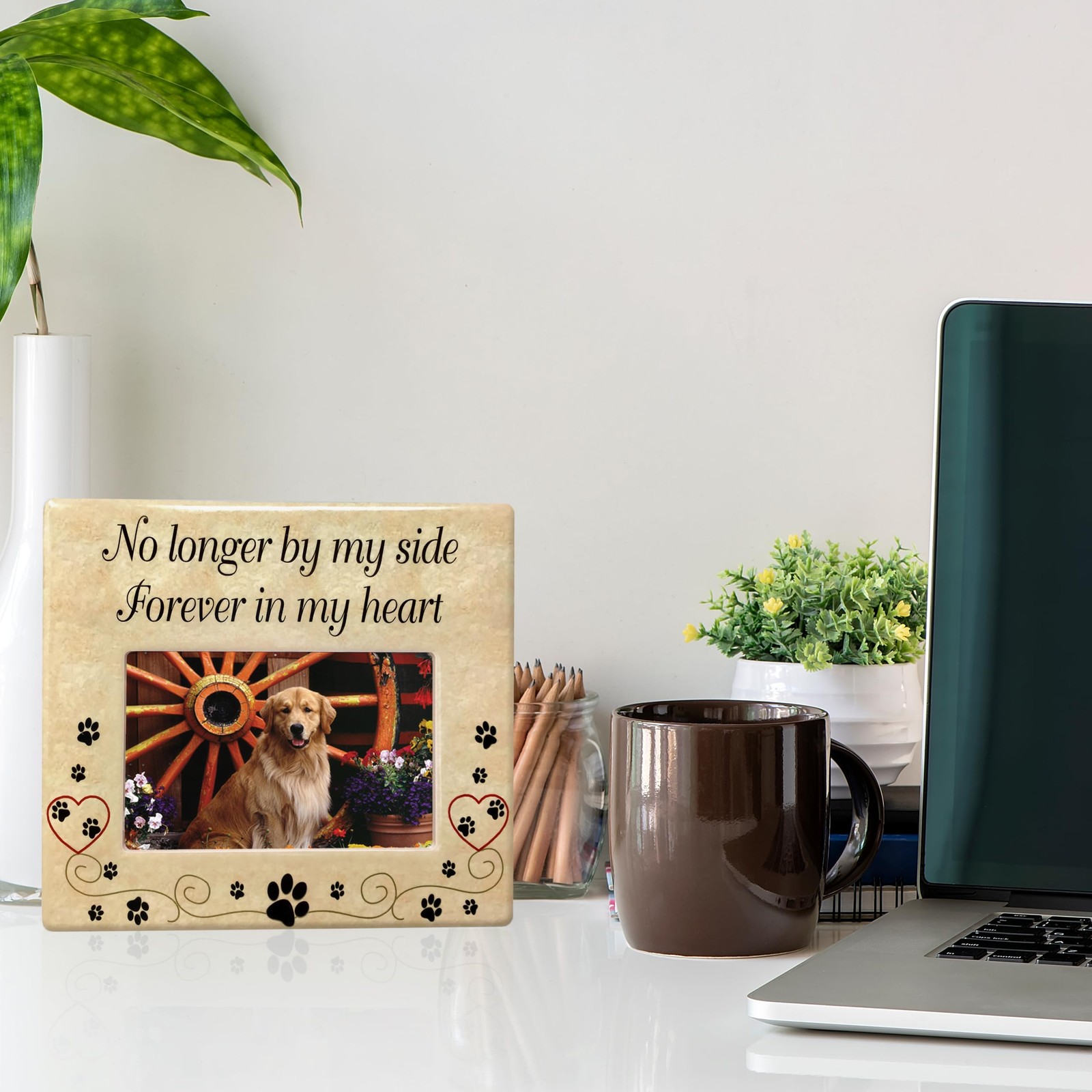 Pet Memorial Picture Frame, Ceramic Pet Loss Gift with Sympathy Quote “No Lon…