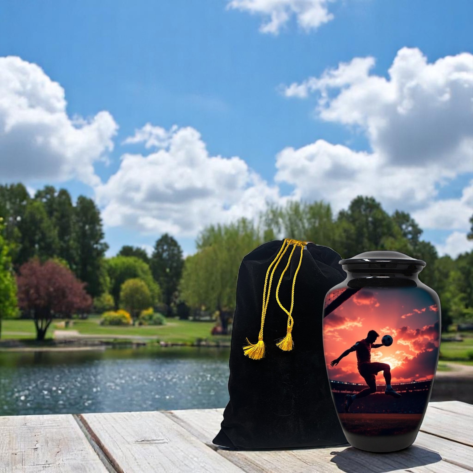 Large Adult Urn for Human Ashes Soccer Football Sunset Urn with Bag