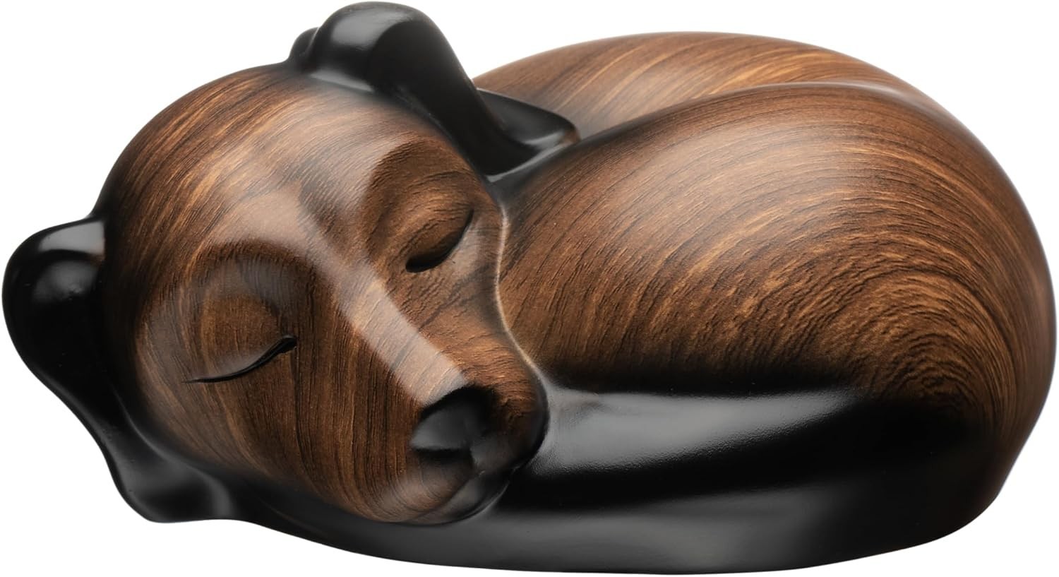 Elegant Dog Urn Sleeping Resin Black Walnut Lacquered Secure Bottom Opening