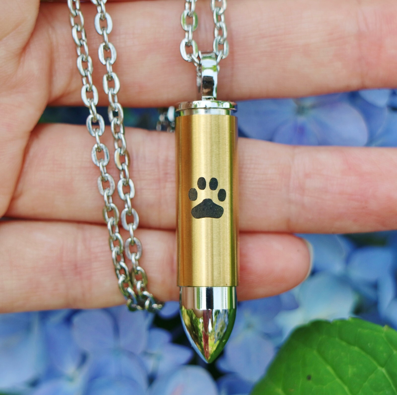 Mens Bullet Cremation Necklace Pendant Urn 4 Ashes LARGE VIAL Pet Paw Print Dog
