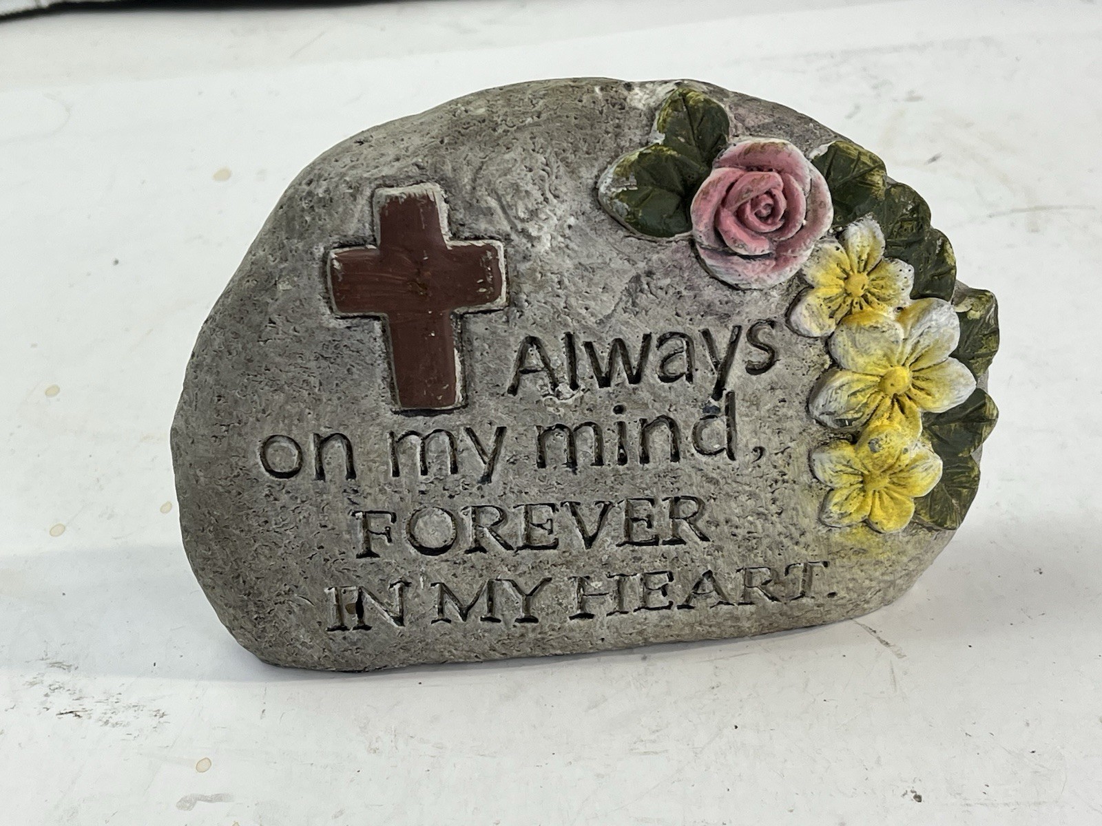 Always On My Mind Memorial Garden Stone with Cross & Flower U C
