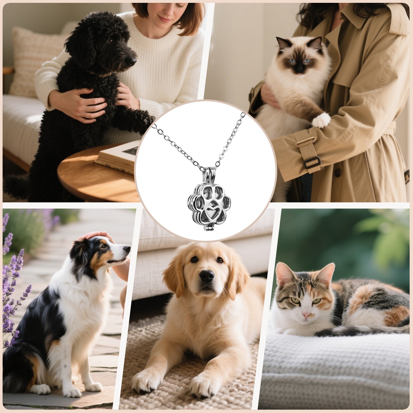 Silver Paw Print Heart Pet Ashes Memorial Necklace with Inner Box For Dog&Cat