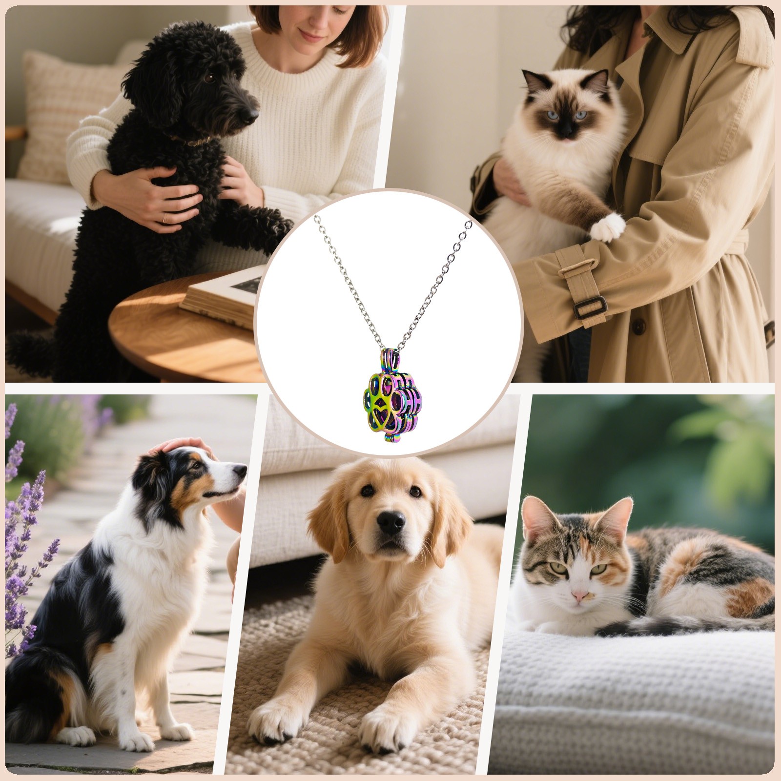 Rainbow Paw Print Heart Pet Ashes Memorial Necklace with Inner Box For Dog&Cat