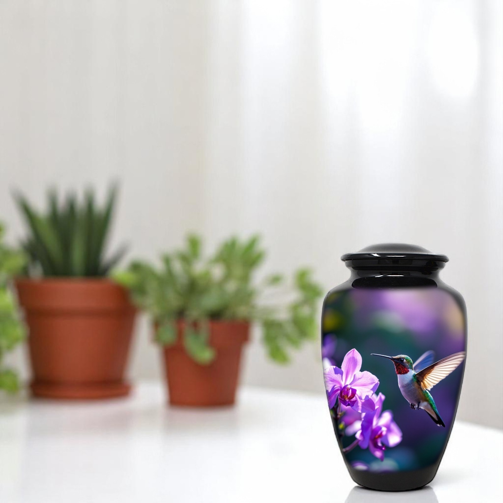 Cremation Urn for Human Ashes 190 Cu In Adult Hummingbird Purple Floral Black