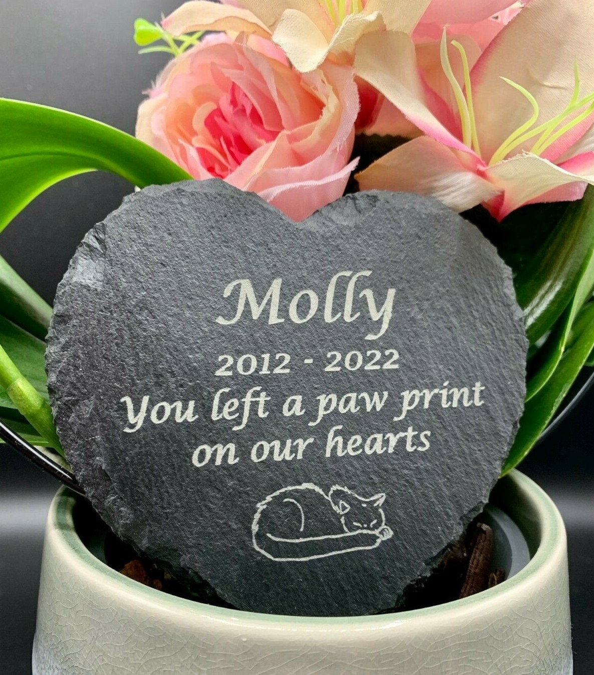 Personalised Engraved Slate Stone Heart Pet Memorial Grave Marker Plaque Cat