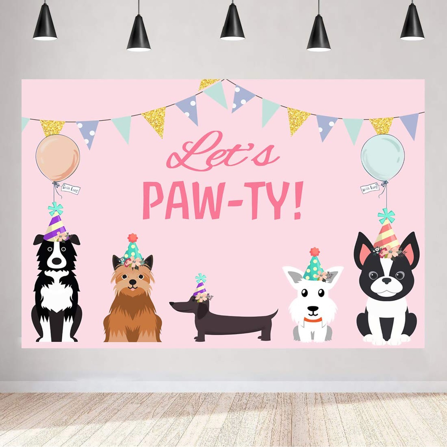 5x3ft Puppy Dog Happy Themed Backdrops Let’s Paw-ty Doggy Pet Pink Girl Photo…