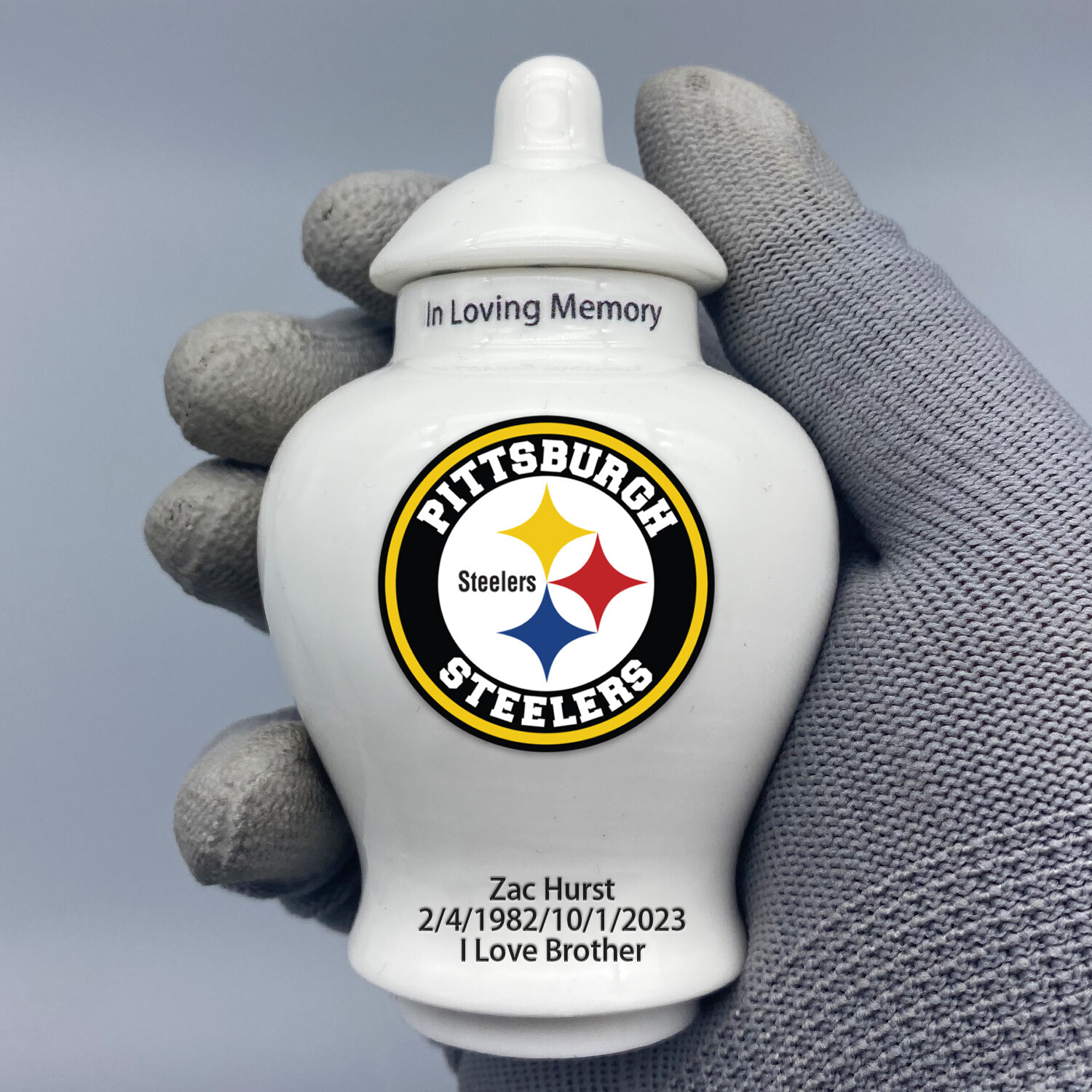 Ceramic Mini Urn for Pittsburgh Steelers Football Theme, Custom Text