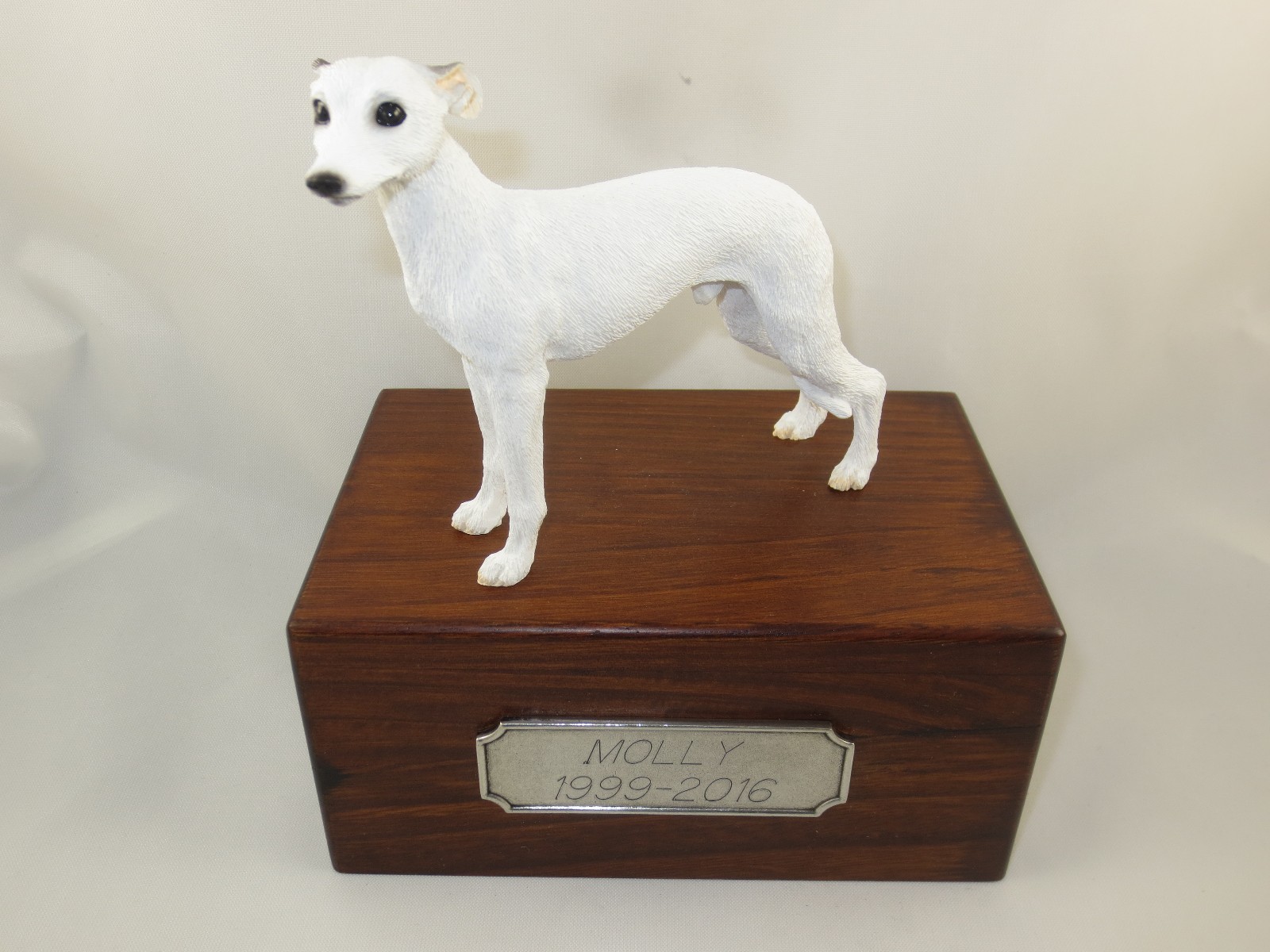 Beautiful Paulownia Wood Personalized Urn with White Whippet Figurine