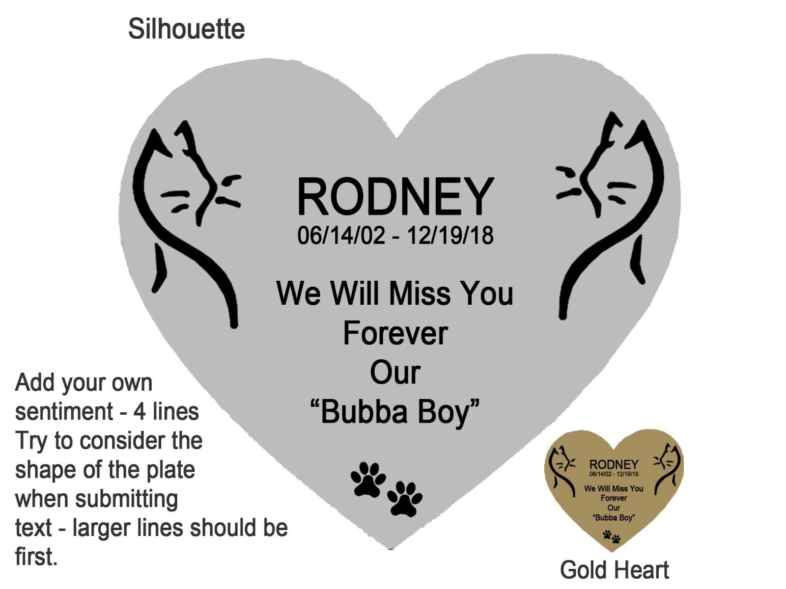 Cat Memorial Engraved Heart Shape Plates Pet Loss – Gold or Silver – 2 Sizes