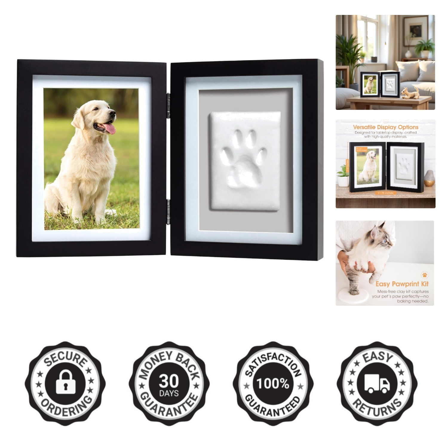 Pet Paw Print Photo Frame With Clay Imprint Kit – Wooden Pet Paw Print Frame,…