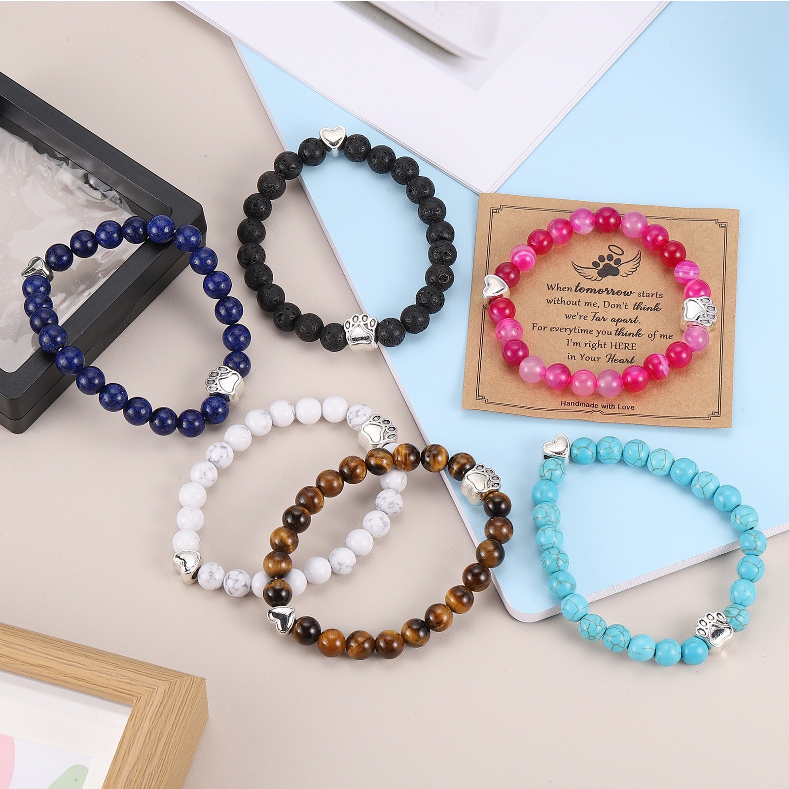 Stone Paw Bracelet,Heart Paw Print Dog Mom Memorial Bracelet,Rose Red