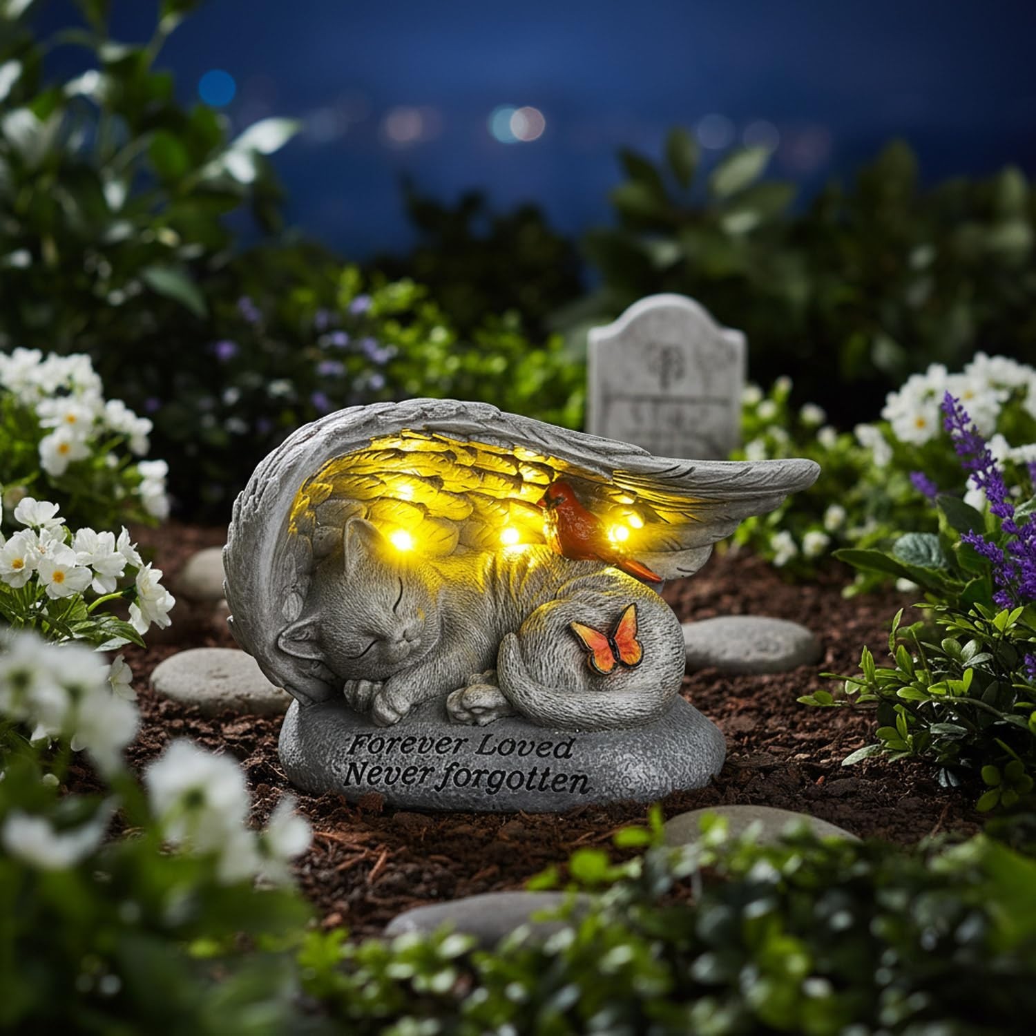Solar Cat Memorial Stone – 8″ Angel Wing Cardinal Butterfly, Outdoor Pet Loss Gi