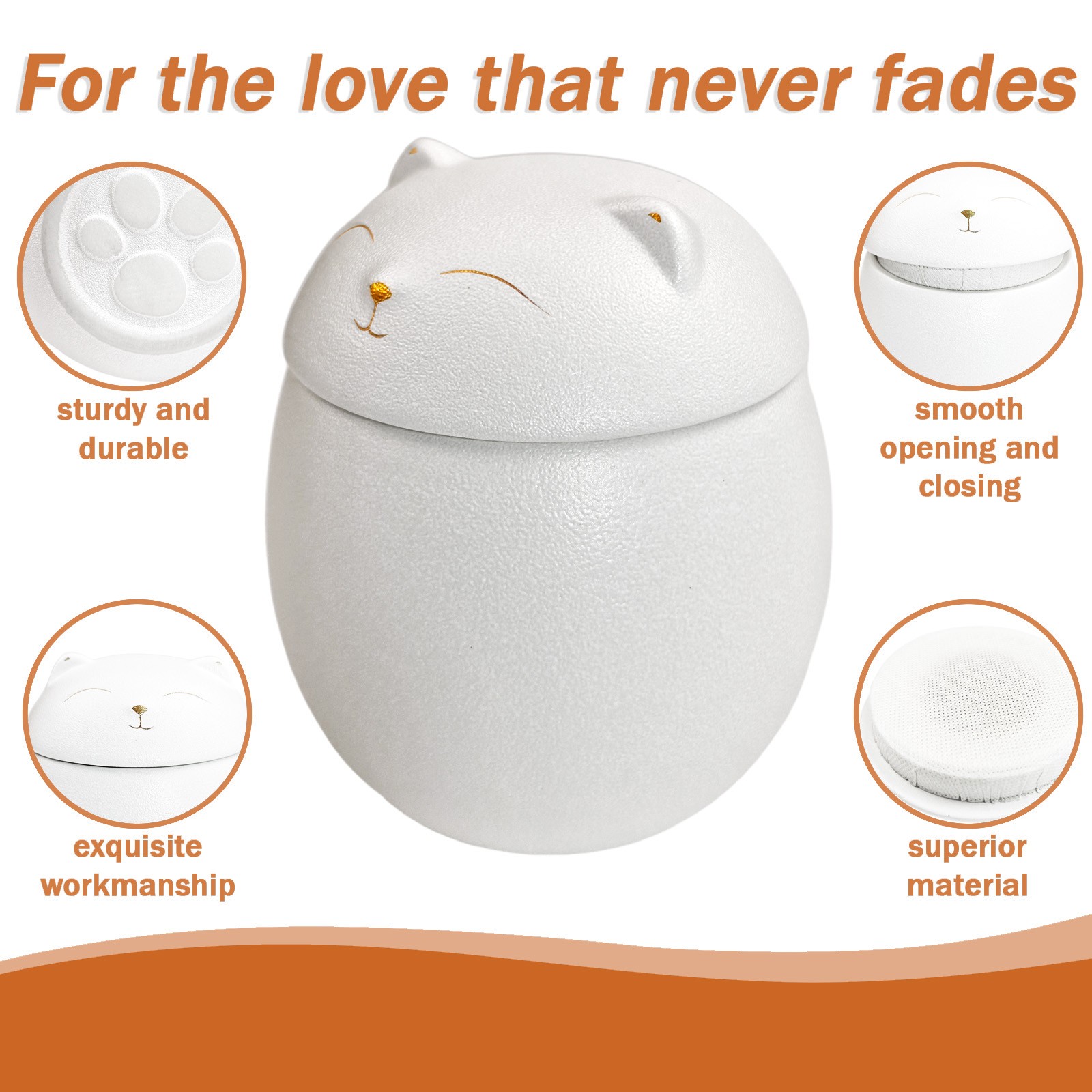 Smiley Cat Shaped White Pet Urn 4.9 x 4.3 inches For Small Dog And Cat Ashes