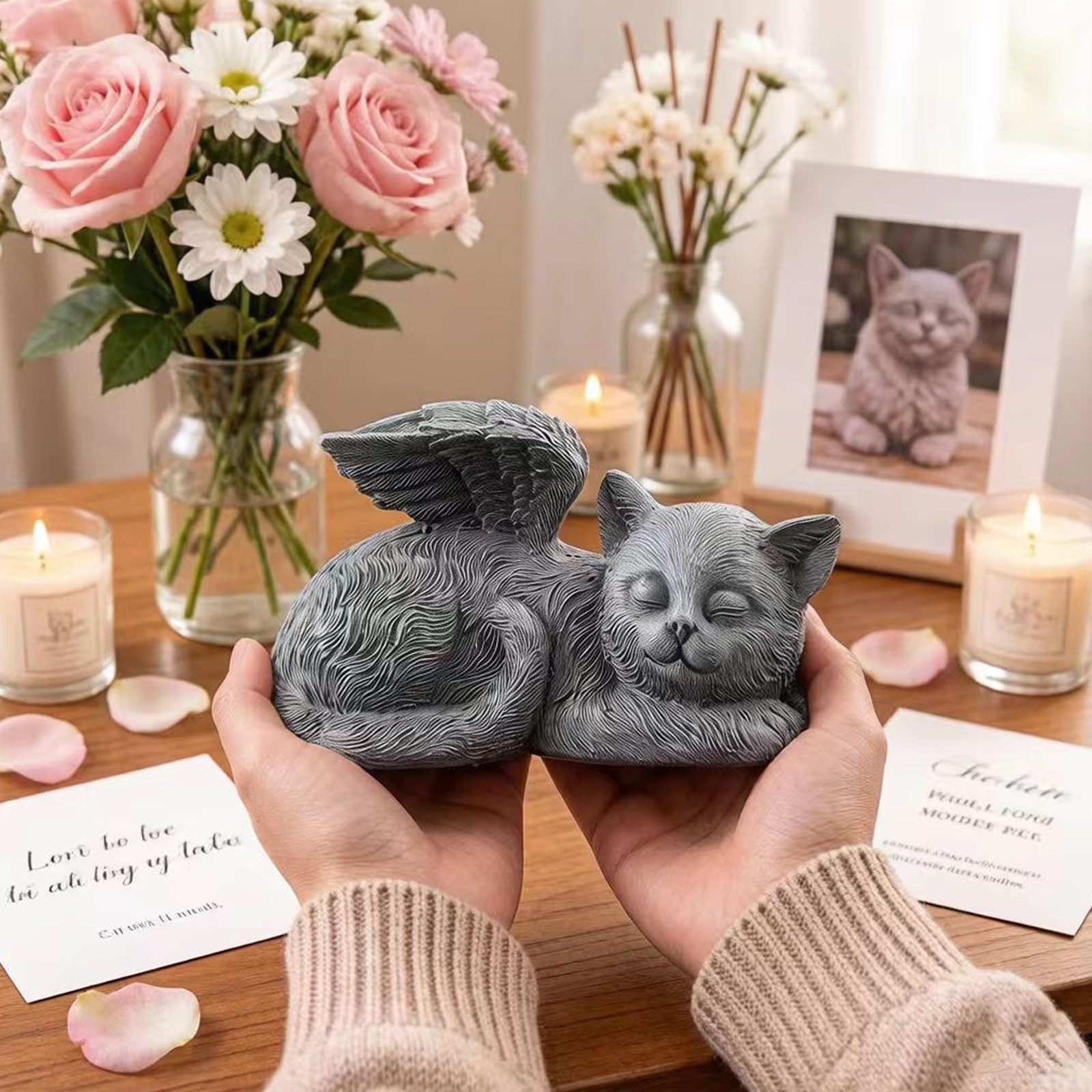 MRTDGCFY Sleeping Cat Memorial Statue – Resin Angel Wing 4.7inch, Silvery