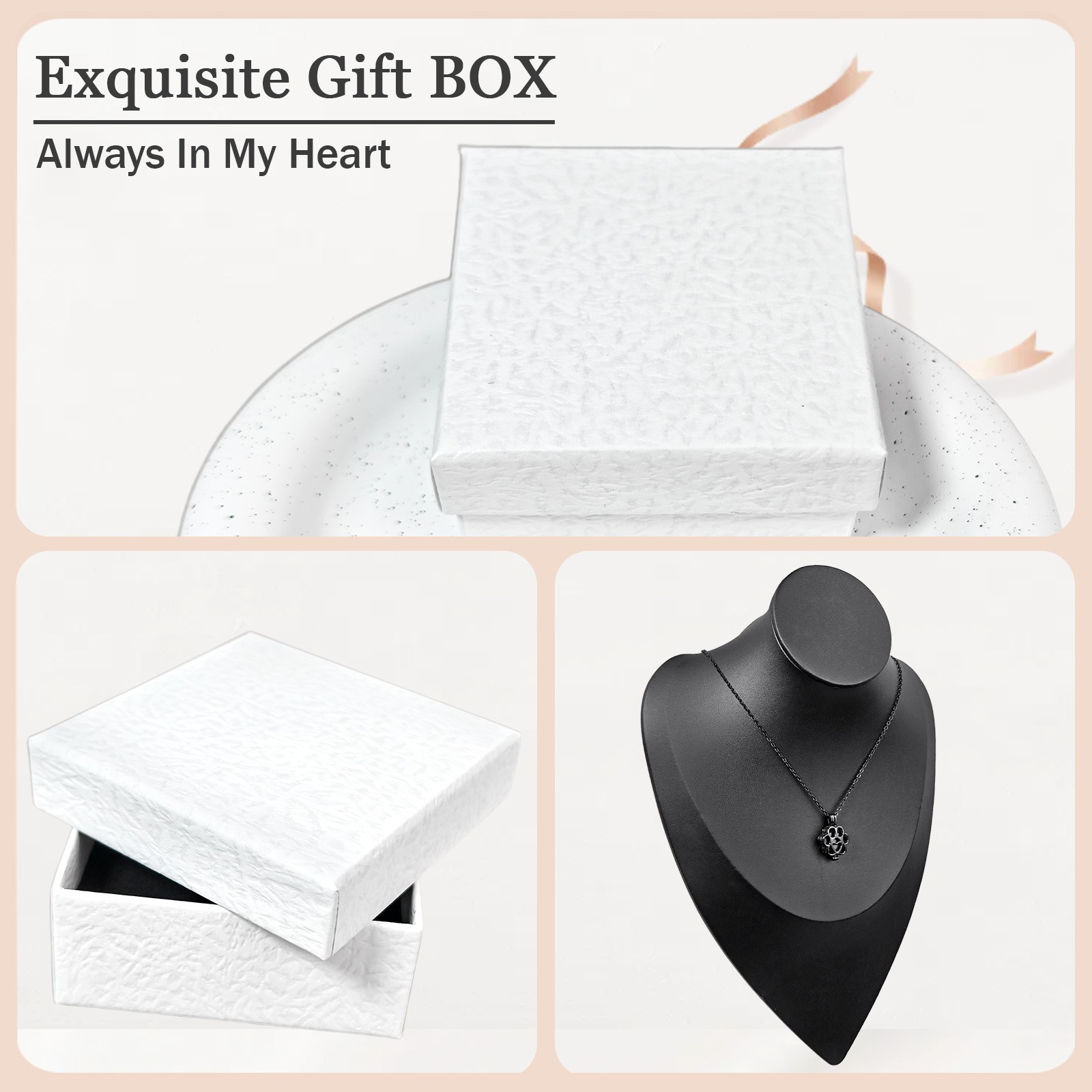 Black Paw Print Heart Pet Ashes Memorial Necklace with Inner Box For Dog&Cat