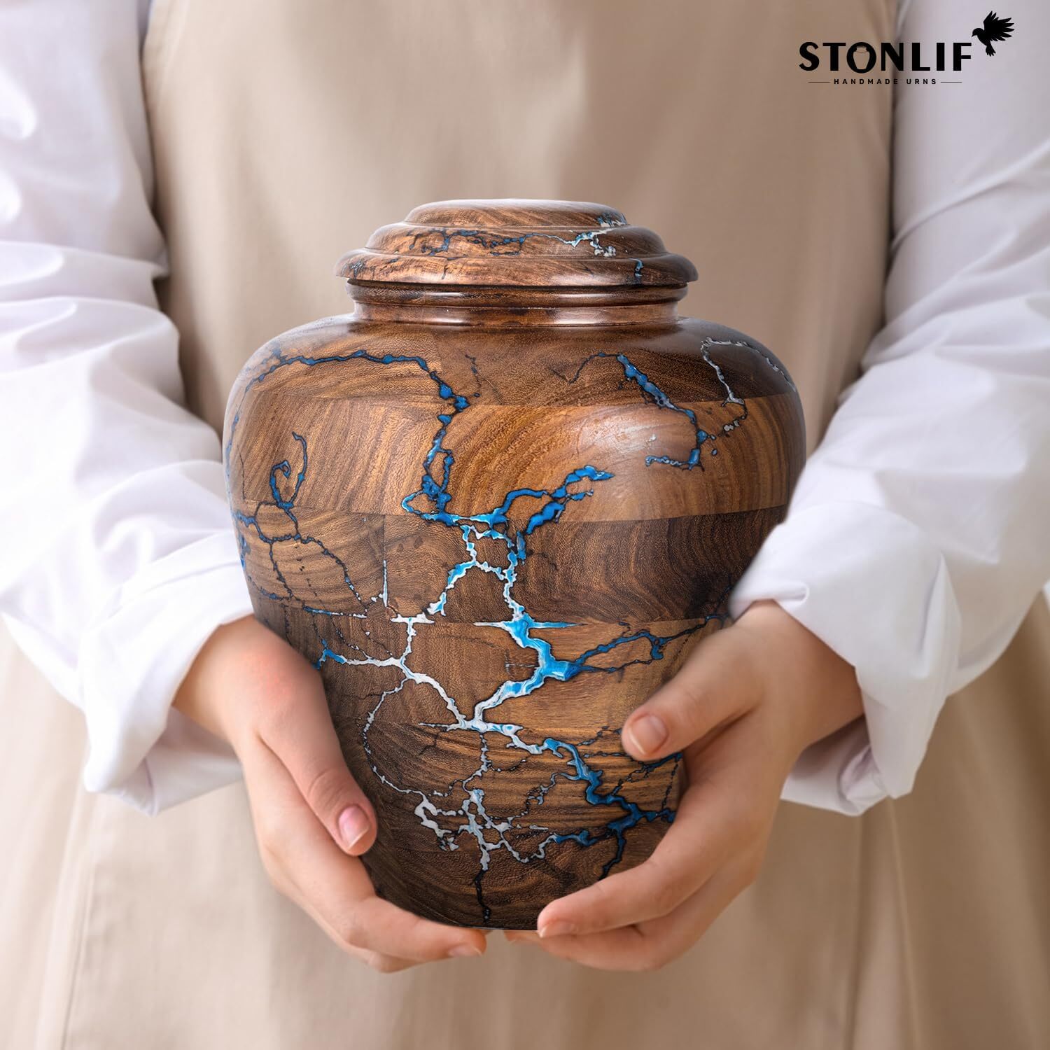 Cremation Urn for Human Ashes Adult Male Female Fractal Burned & Resin Artwork W