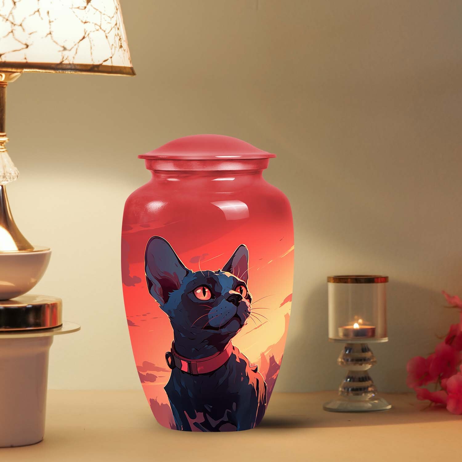 Black Cat Against a Sunset Pet Cremation Urn For Cat Ashes