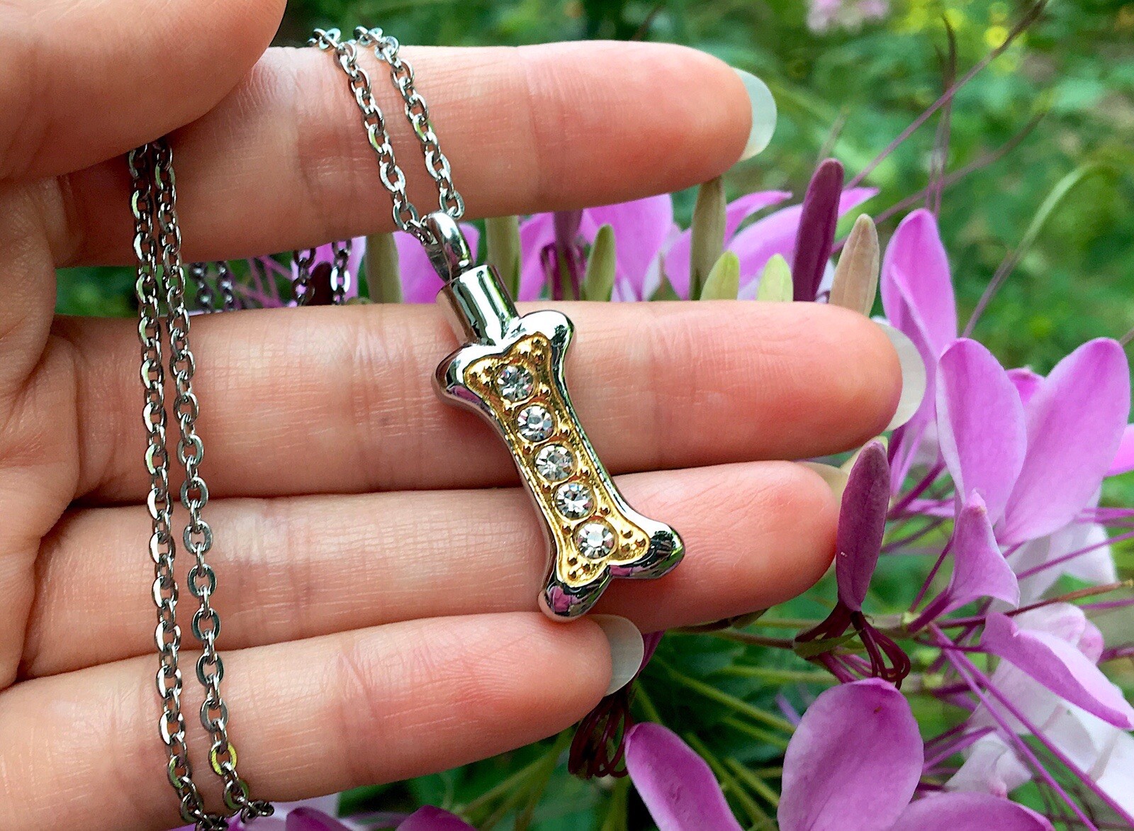 Dog Cremation Pendant Urn Keychain 1″ Key Ring Ash Golden Silver Crystal Bone