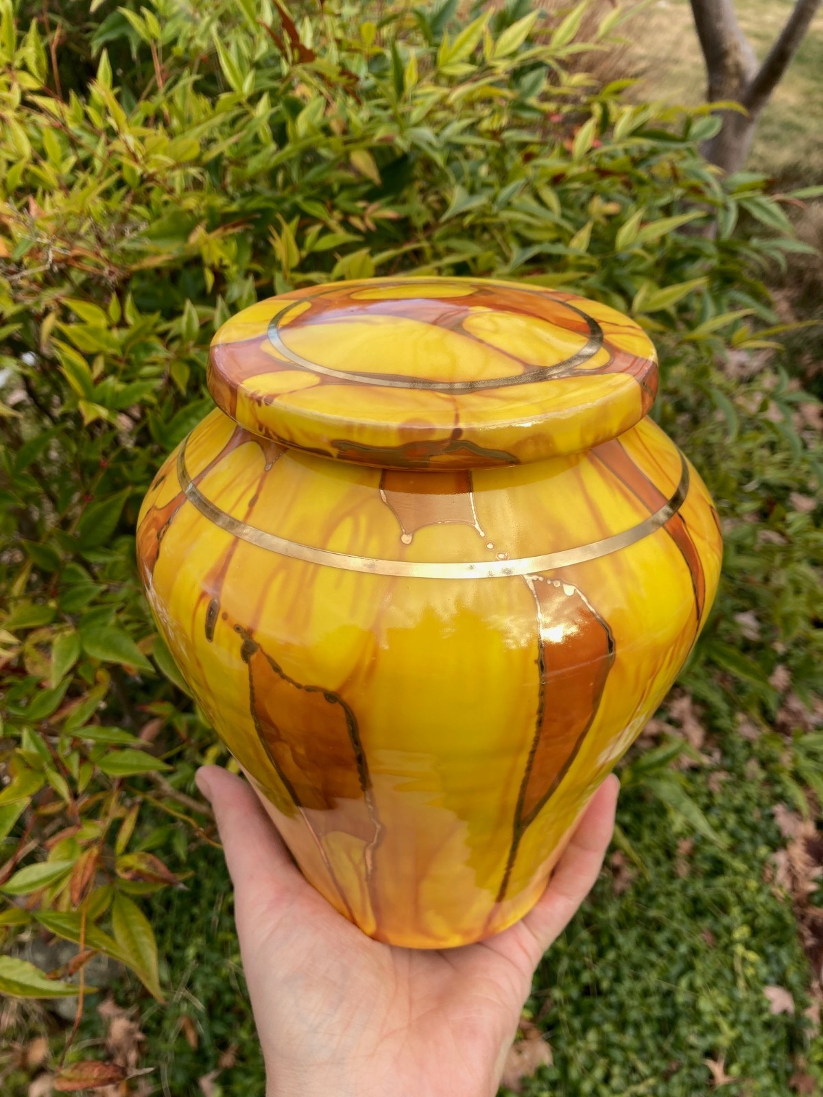 Handmade Ceramic Cremation Urn in Yellow w/MOP, small size for pet ashes 50 ci