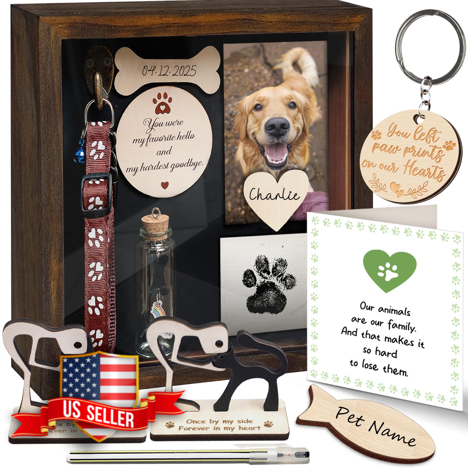 Pet Memorial Shadow Box Collar Holder Frame Paw Print Kit Gift