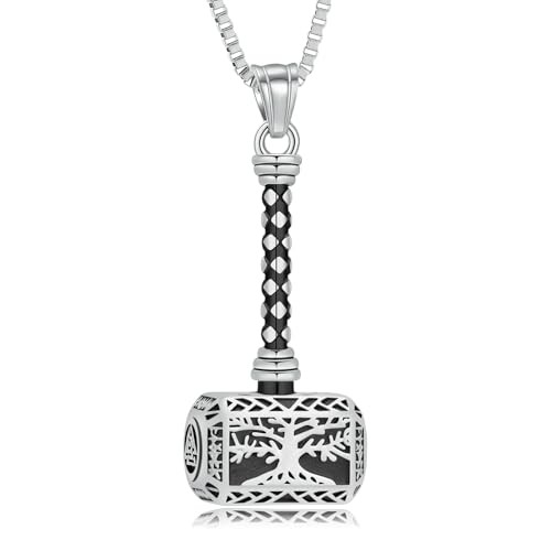 Viking Thor Hammer Cremation Jewelry for Ashes Tree of Life Hammer Silver