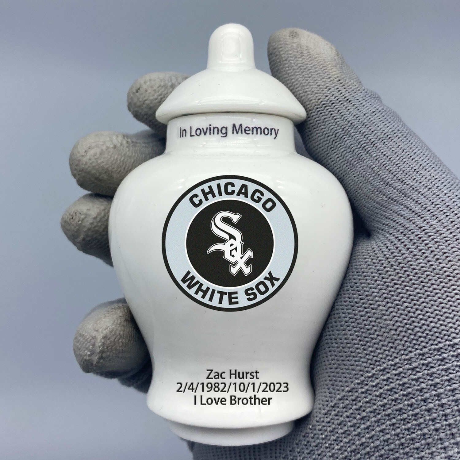 Ceramic Baseball Urn – Chicago White Sox Theme, Custom Text