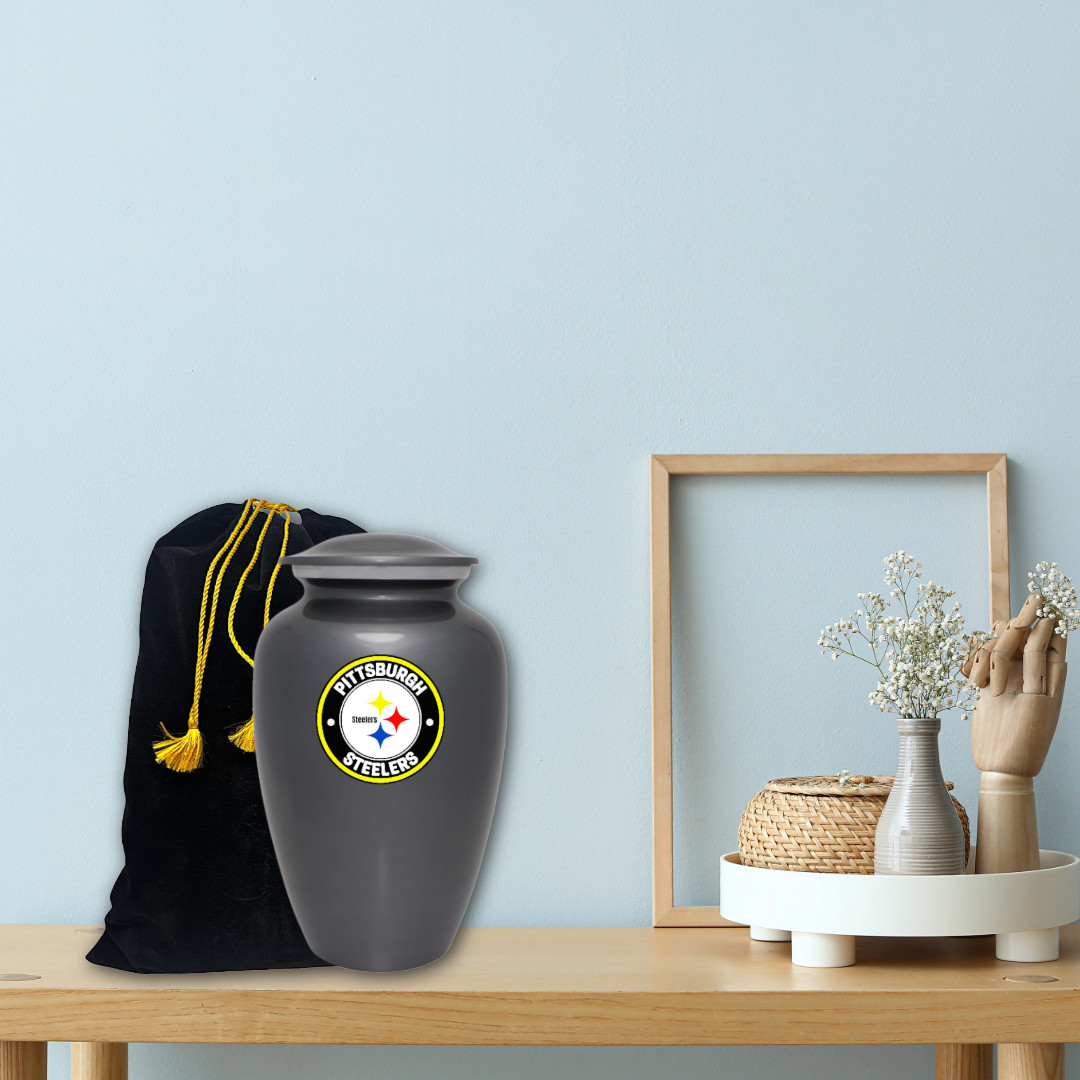 Gray Pittsburgh Steelers Football Theme Cremation Funeral Memorial Ashes Urn